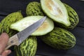 Full immature small melons, raw melon pictures, cut a small melon with a knife, eat an immature melon, immature small melons,