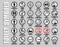 Full ISO set vector icons of public toilet signs. Round symbols of men, women, unisex gender restroom pictograms with WC equipment Royalty Free Stock Photo