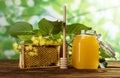 Full jar of May honey, bee honeycombs and sprig of Linden, spoon on table