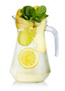 Full jug of fresh birch juice with lemon, ginger and mint leaves Royalty Free Stock Photo