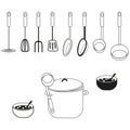 Full kitchen kit. Tools with pot. Soup bowl included. Black and white layout. Royalty Free Stock Photo