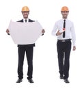 Full-length .architect in orange helmet with drawings for new project. Royalty Free Stock Photo