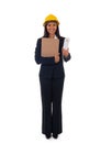 Full length of asian smiling woman architect holding blueprints and clipboard. Isolated portrait of woman engineer Royalty Free Stock Photo