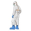 Full length back view doctor in protective hazmat PPE suit wearing medical latex gloves vector illustration sketch doodle hand