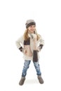 Full length of beautiful caucasian blonde fashionable girl in warm clothes, smiles. Winter style.