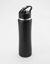 Full length black color aluminium waterbottle. Royalty Free Stock Photo