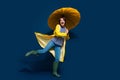 Full length body photo of funky joking girl walking outdoors park with rain protection parasol gum boots isolated on