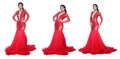Full Length body portrait of 20s Asian Woman wear Red Evening Gown Long Ball Dress Royalty Free Stock Photo