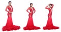 Full Length body portrait of 20s Asian Woman wear Red Evening Gown Long Ball Dress Royalty Free Stock Photo