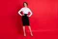 Full length body size photo business woman curious confident looking copyspace isolated on bright red color background