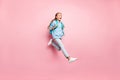 Full length body size photo of cheerful positive ecstatic overjoyed girl running towards sales she dreamt of for long Royalty Free Stock Photo