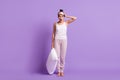 Full length body size photo of girl in sleeping mask keeping pillow overslept meeting late isolated pastel purple color