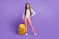 Full length body size photo of nice lovely schoolgirl keeping yellow rucksack wearing casual outfit isolated on bright