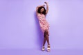 Full length body size photo overjoyed curly girl dancing on weekend isolated pastel purple color background