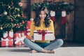 Full length body size photo of overjoyed rejoicing cute nice cheerful girl wearing jeans looking over delivered wrapped Royalty Free Stock Photo