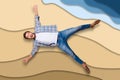 Full length body size portrait of cool crazy cheerful handsome man jumping up like a star enjoying summer weekend ocean