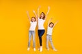 Full length body size portrait of three nice lovely slim attractive cheerful cheery positive ecstatic people having fun Royalty Free Stock Photo