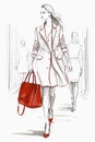 Full length body size portrait of trendy stylish elegant chic lady, Women shopping in boutique store, mall. Royalty Free Stock Photo