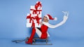 Full length body size profile side view of attractive glad cheerful girl elf Santa