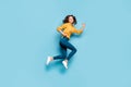 Full length body size profile side view of nice sportive cheerful wavy-haired girl jumping running fast life inspiration