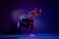 Full length body size side profile photo guy cheerful got tape recorder dancing  purple color background Royalty Free Stock Photo