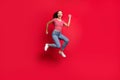Full length body size trendy photo of crazy winning victorious girl wearing jeans denim crazily running towards shopping Royalty Free Stock Photo