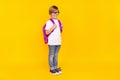 Full length body size view of handsome cheery trendy pre-teen boy going to school isolated over bright yellow color Royalty Free Stock Photo