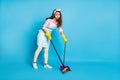 Full length body size view of her she nice attractive bored confused girl maid sweeping floor cleanup tidy daily duty Royalty Free Stock Photo