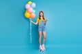 Full length body size view of her she nice attractive lovely cheerful girl standing on skaters free time celebratory Royalty Free Stock Photo