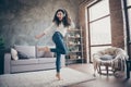 Full length body size view of her she nice attractive slim fit thin cheerful cheery wavy-haired girl dancing listening Royalty Free Stock Photo