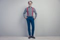 Full length body size view of his he nice attractive fashionable cheerful cheery man holding hands in pockets posing Royalty Free Stock Photo