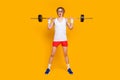 Full length body size view of his he nice attractive funky slim sportive guy standing lifting barbell doing individual Royalty Free Stock Photo