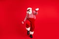 Full length body size view of his he nice handsome attractive cheerful cheery Santa father dancing having fun Royalty Free Stock Photo