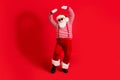 Full length body size view of his he nice handsome bearded fat overweight Santa dancing rest relax occasion event x-mas