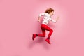 Full length body size view of nice attractive cheerful cheery foxy ginger wavy-haired girl running fast active lifestyle