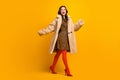 Full length body size view of nice attractive lovely fashionable cheerful cheery wavy-haired girl wearing soft fur coat Royalty Free Stock Photo