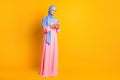 Full length body size view of nice lovely elegant focused muslimah wearing hijab using device app 5g isolated shine
