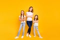 Full length body size view portrait of three nice attractive slim cheerful cheery people folded arms mum mommy isolated Royalty Free Stock Photo