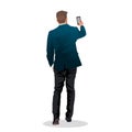 Full length business man in classic formal suit work in office doing selfie shot with mobilephone