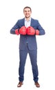 Full length businessman in suit with boxing gloves stands ready in a fighting stance, punching his fists. Business person self Royalty Free Stock Photo