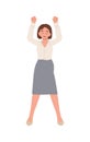 Full Length Businesswoman  Winner Success. Business Woman Excited Hold Hands Up Raised Arms, Flat Vector cartoon Illustration Royalty Free Stock Photo