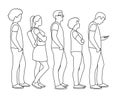 Full length of cartoon people standing in line outline Royalty Free Stock Photo