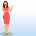 Full length character of a woman pointing on the side with her hands