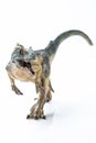 Full length close up image of an Allosaurus plastic figurine on white background