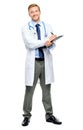 Full length of confident young doctor on white background Royalty Free Stock Photo