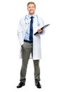 Full length of confident young doctor on white background Royalty Free Stock Photo