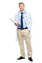 Full length of confident young doctor on white background Royalty Free Stock Photo