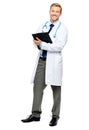 Full length of confident young doctor on white background Royalty Free Stock Photo