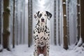 Full length dalmatin dog the backdrop of winter snowy forest. Ai Generated Royalty Free Stock Photo