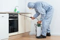 Exterminator Spraying Pesticide On Wooden Cabinet